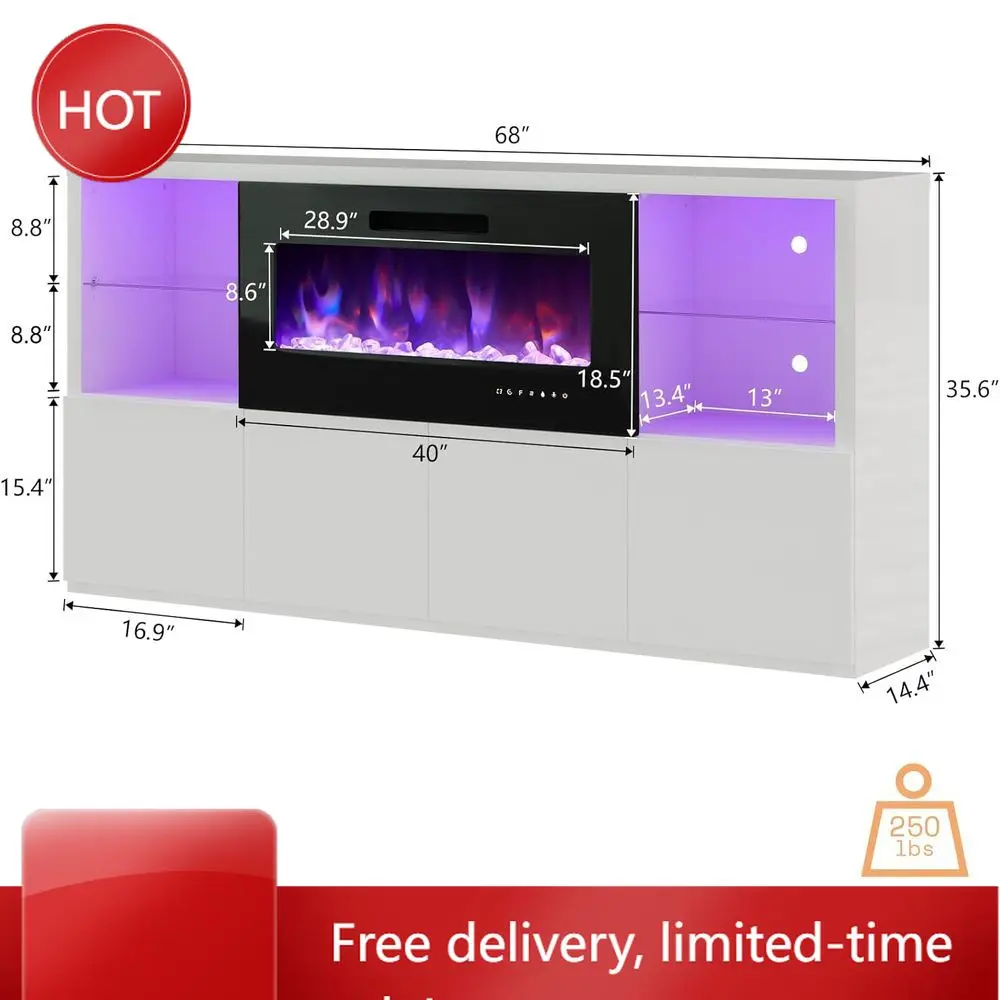 Promotion68 TV Stand with LED Lights for 78 TVs, Adjustable Glass Shelves, White & Black Entertainment Center