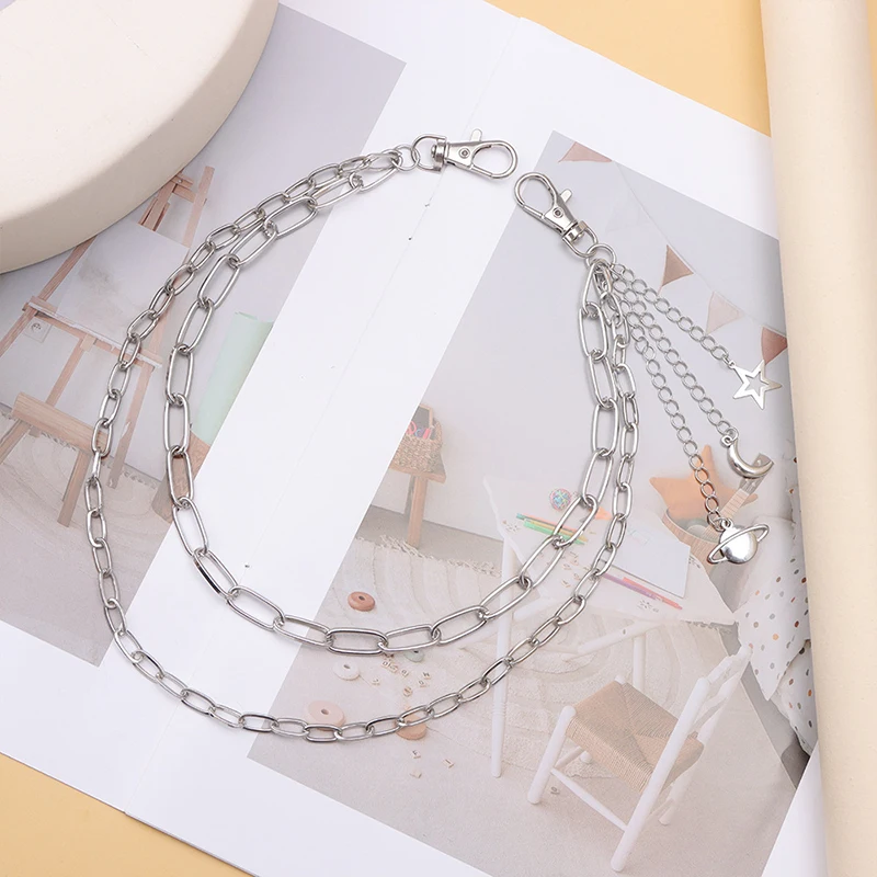 

Preppy Style Layered Iron Alloy Pant Chain With Star Moon Charms Fashion Multi-Tiered Hip-Hop Trousers Keychain Accessory