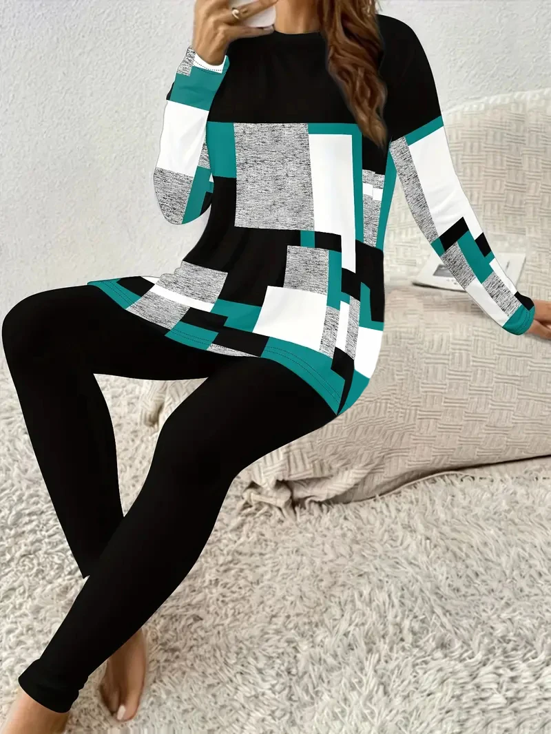 Women's Spring and Autumn Casual Square Pattern Print Long Sleeve + Long Pants Two-Piece Set