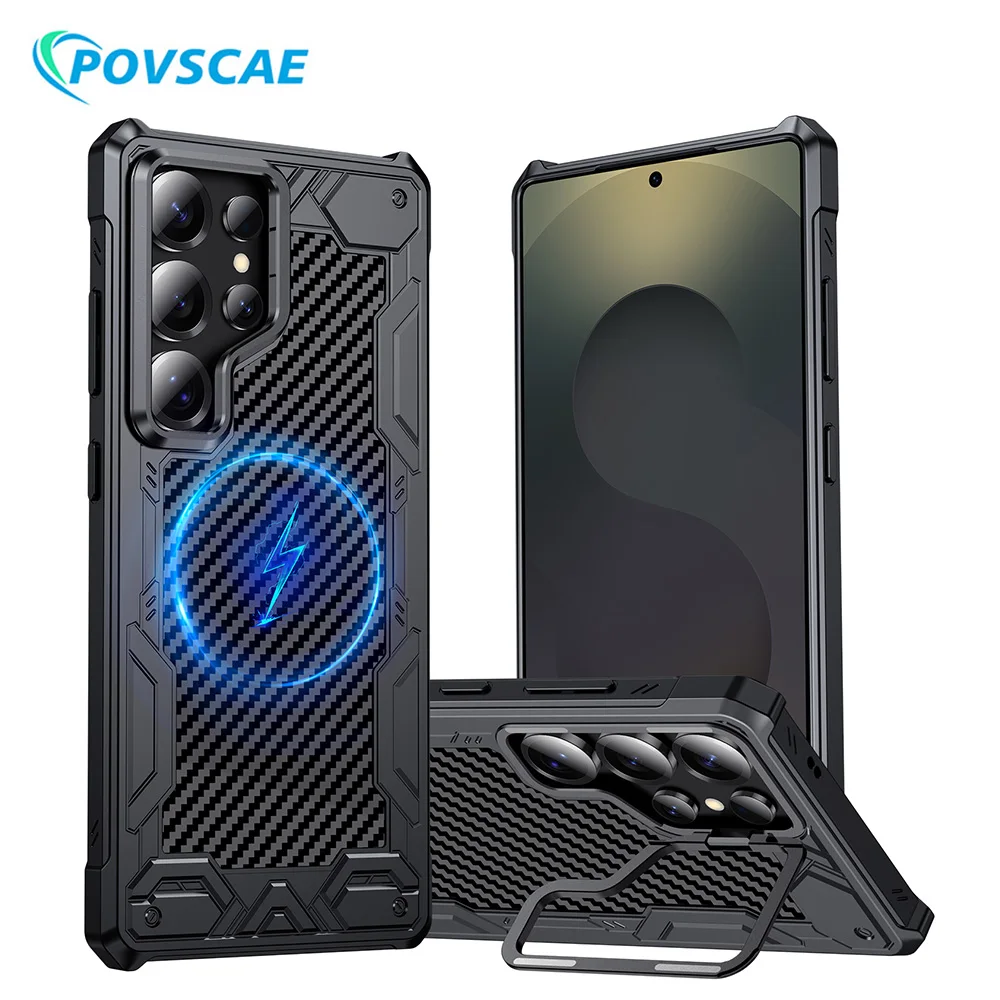 

Shockproof Magnetic Case For Samsung Galaxy S25Ultra With Lens Holder Airbag Anti-drop Case TPU+PC Carbon Fiber Magsafe Cover