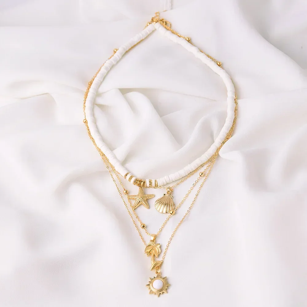 Bohemia Ocean Starfish Shells Pendant Mulitlayer Choker Necklace for Women Sweet Imitation Pearl Necklace Holiday Party Jewelry