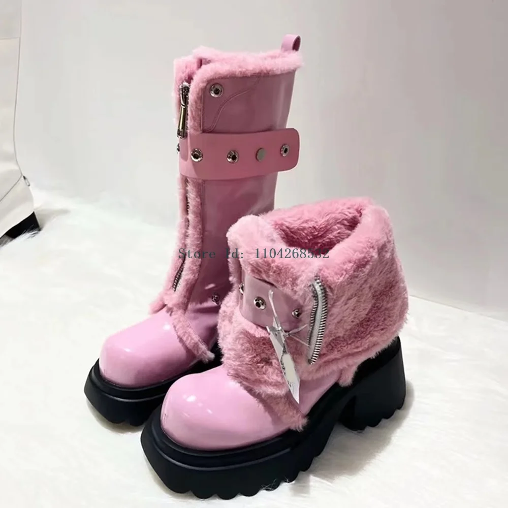 

Fur Tum Over Versatile Rivet Ankle Booties Round Toe Thick Heel Zipper Buckle Strap Flock Lining New Arrivals Lady Snwo Boots