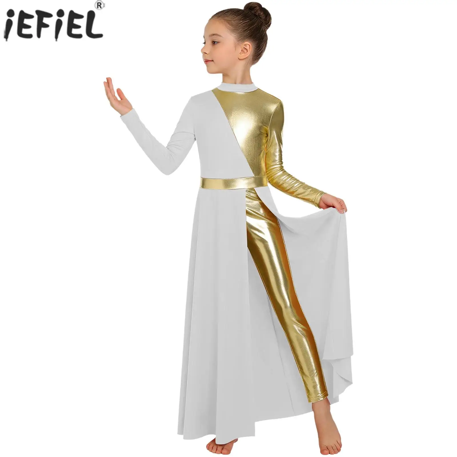 Kids Girls Worship Church Choir Liturgical Praise Performance Costume Ballet Lyrical Dance Tunic Dress Long Sleeve Split Leotard