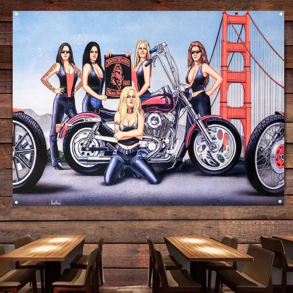 Tattooed Babes Flag Banner Live or Ride Poster Decor Bikers Art Wall Sign Vintage Motorcycle Car Man Cave Bar Club Pub Garage