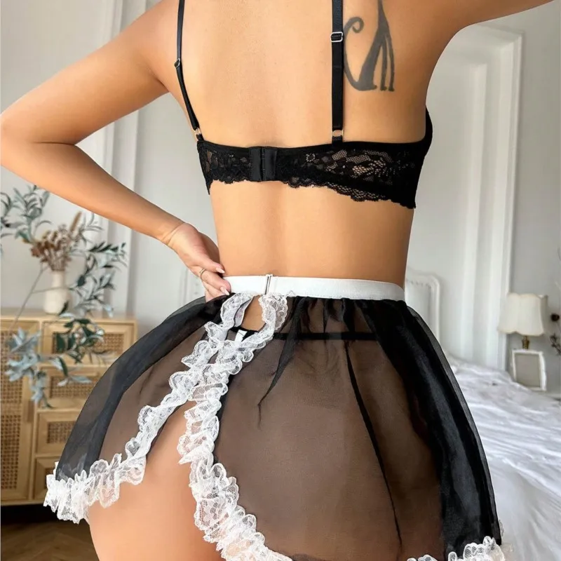 Meidkostuum Lingerie Kanten beugelbeha Pure mesh rok 3-delige push-up voor ronde vrouwen Valentijnscadeau