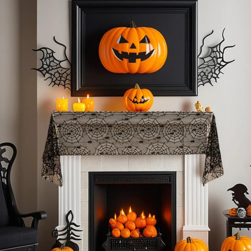 할로윈 블랙 레이스 테이블 러너 할로윈 테이블 장식 해골 소프트 테이블 러너 휴일 파티 장식 테이블 플래그