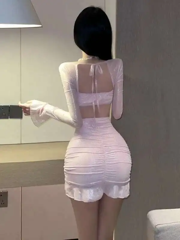 WOMENGAGA 기술 천 핑크 미니 드레스 핑크 밝은 얇은 투명 섹시한 매운 소녀 짧은 탑 여성 드레스 우아한 B8XC