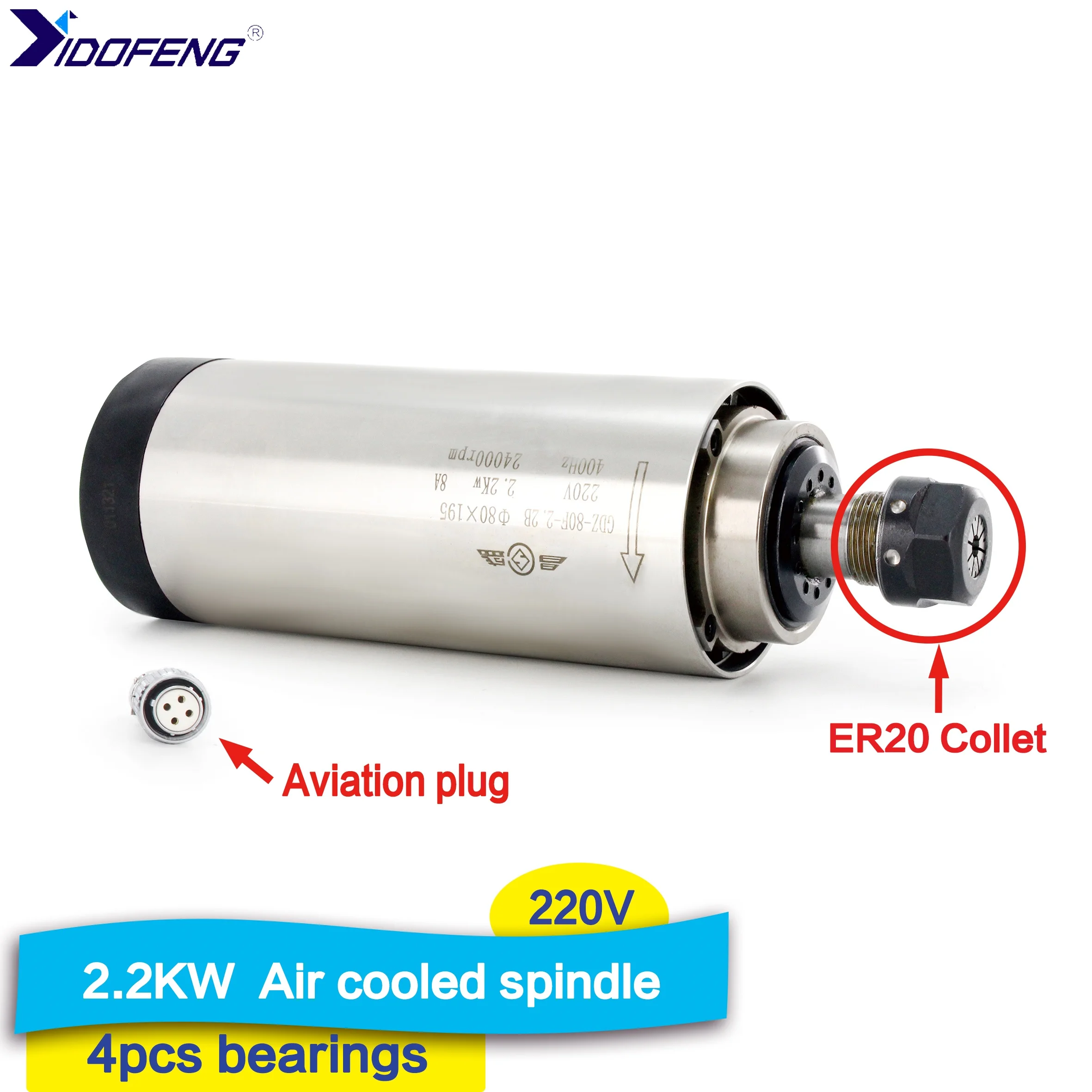 

2.2KW 220V Air-Cooled High Quality Spindle Motor Collet ER20 8A 24000RPM 4 Bearings GDZ-80F-2.2 Spindle Motor