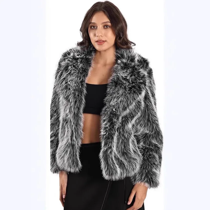 

2025 Winter Women's Faux Fur Jacket Gradient Notched Collar Lady Faux Fur Jacket Thick Warm Plush Eco Faux Fur Coat For Female