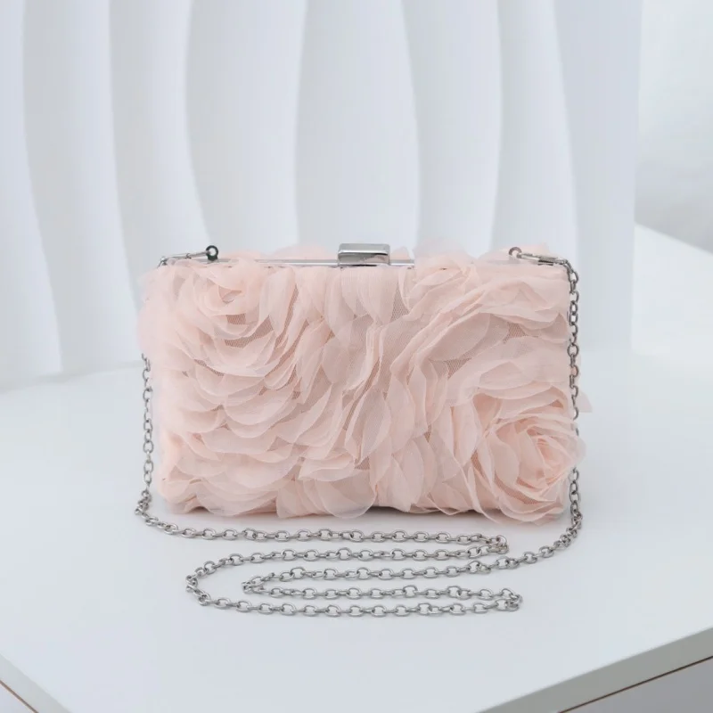Pink 3D Rose Tulle Evening Bag Floral Mesh Petal Hard Case Bridal Wedding Clutch Cocktail Party Square Purse Detachable Strap view 3