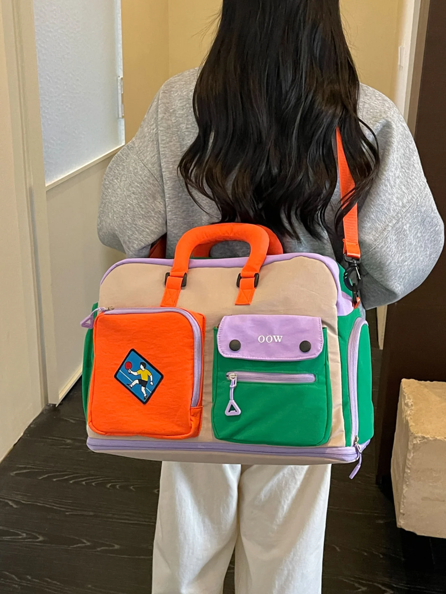 dopamine-color-block-travel-bag-unisex-lightweight-handbag-short-trip-business-trip-sports-fitness-storage-bag-canvas-material