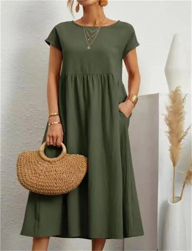 Women\'s Dress Summer New Round Neck Short Sleeve Cotton Pleated Elegant Dress Fashion Solid Color Combination Vintage Long Dress