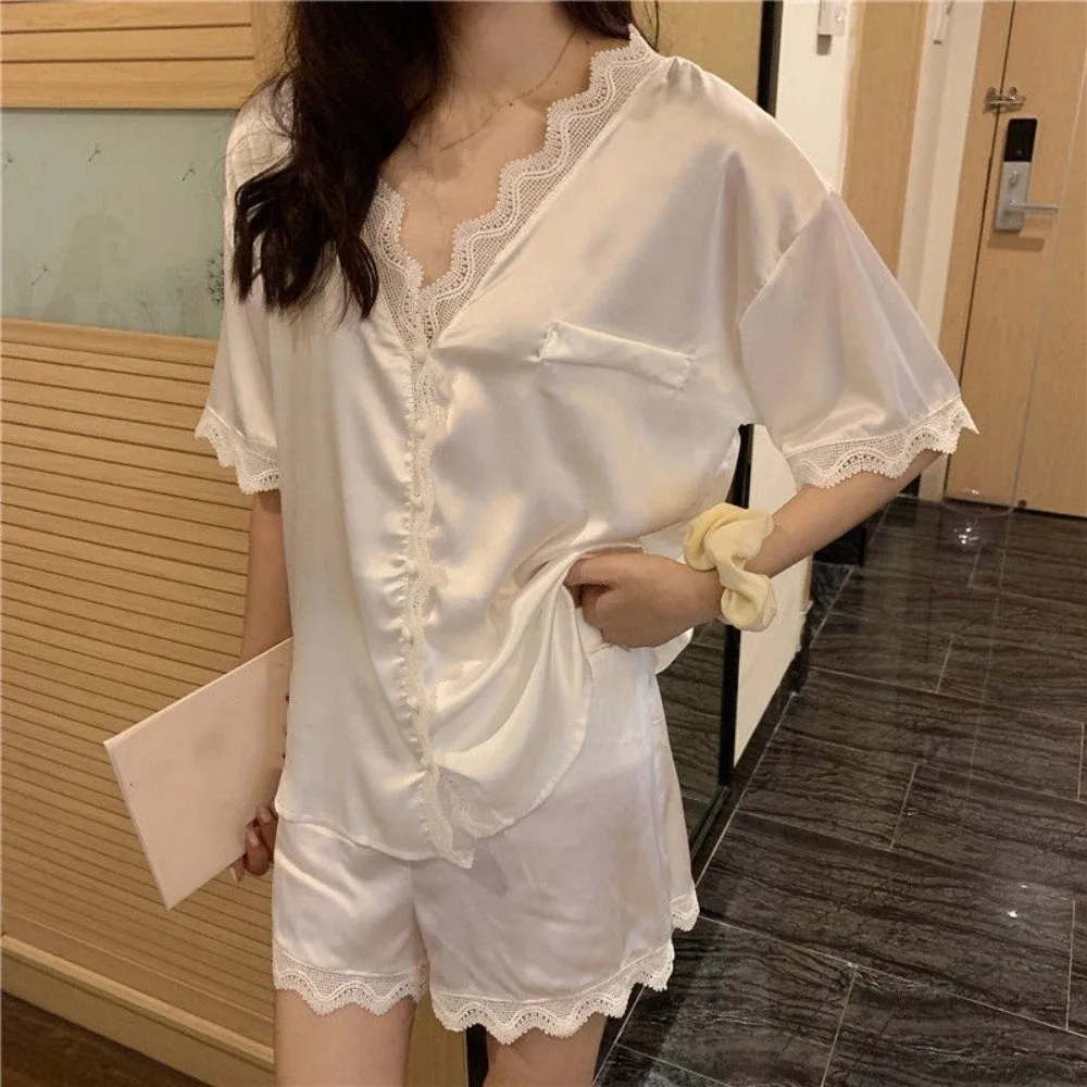

Fashion Ice Silk Lace Pajama Suit Short-sleeve Loose Sweet Short Pajamas Women Sleepwear V Neck Two Pieces Sleepwear Sets Home