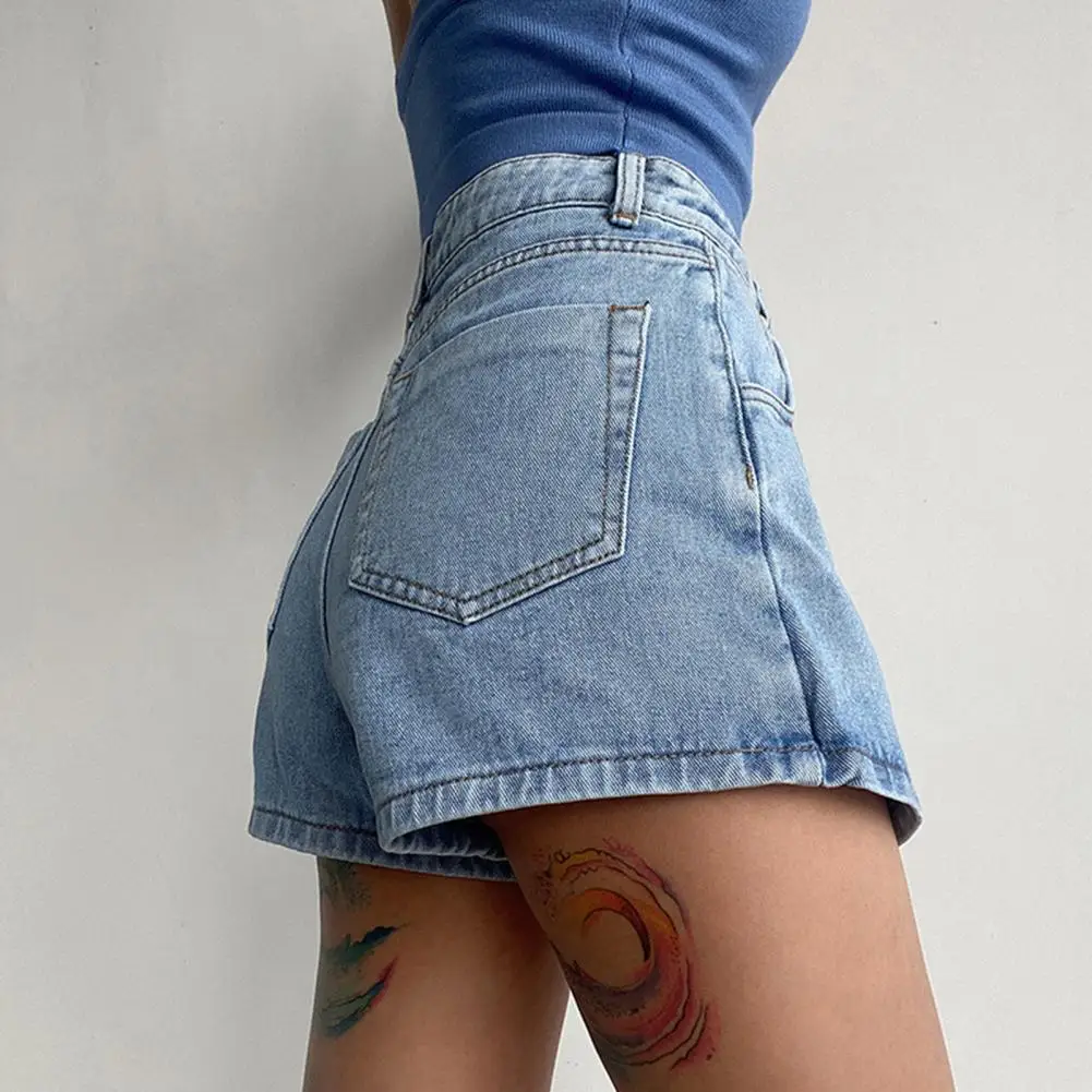 

Slim Fit Denim Shorts Retro High-waist Denim Shorts for Women Slim Fit Skort with Fake Two Piece Design Formal Wear for A
