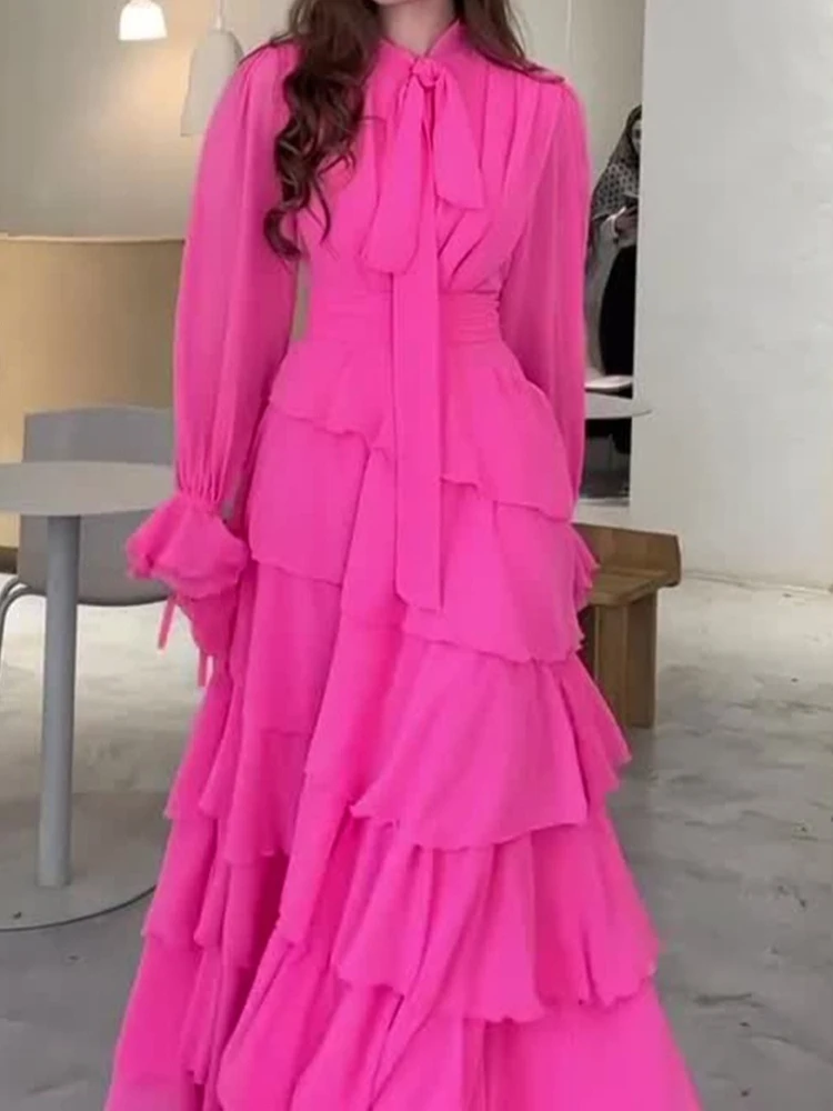 

New in Summer Fashion Generous Lotus Leaf Edge Splicing Princess Style Chiffon Design Sense Half High Neck Long Dresses