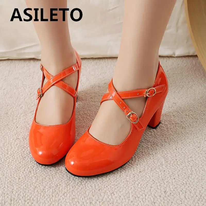

ASILETO Sweet Women Mary Janes Туфли-лодочки с круглым носком на блочном каблуке 7,5 см с пряжкой и ремешком, большой размер 45, 46 47 Блестящая женская обувь для свиданий