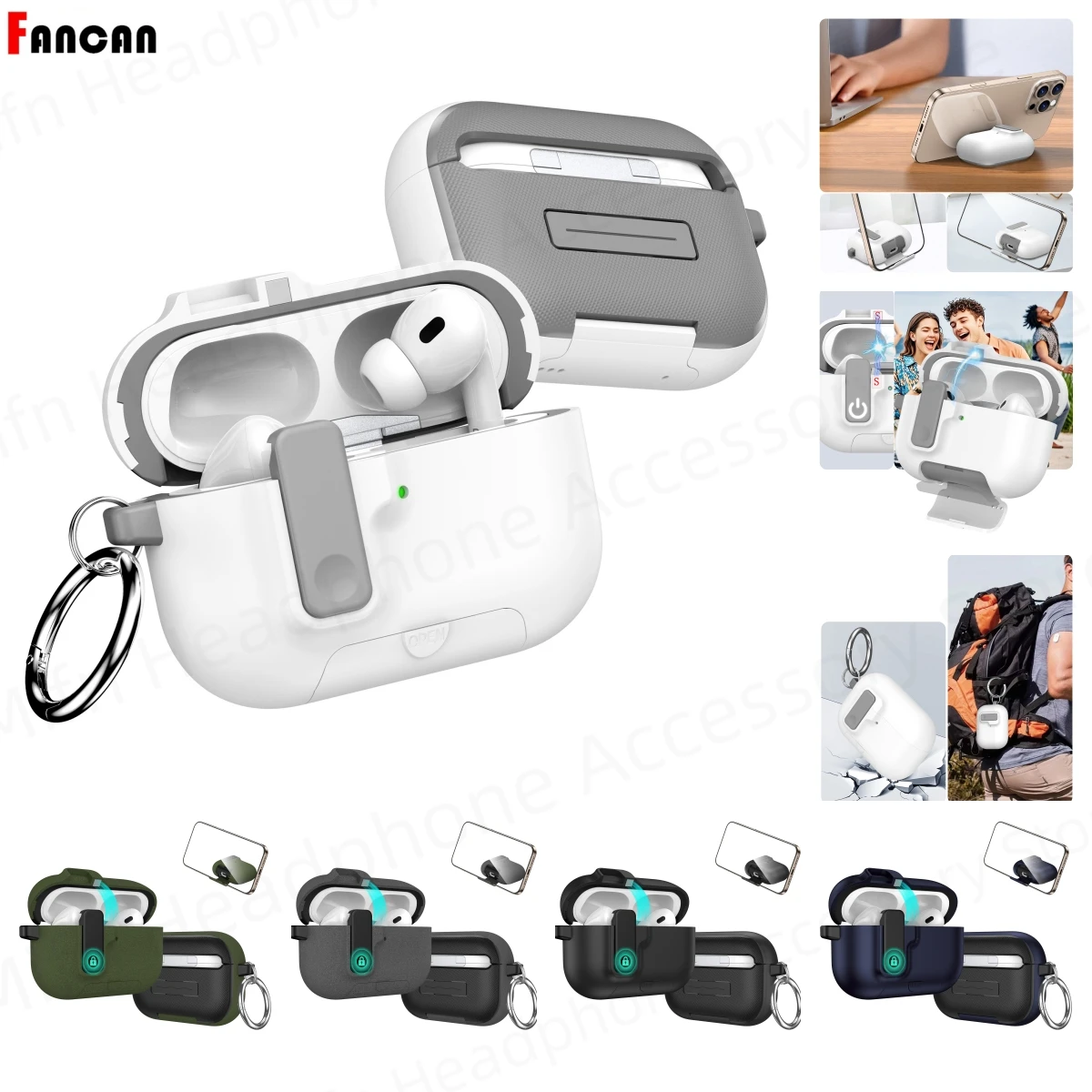 for Airpods Pro 3 Case (2025) with Safety Lock & Phone Stand TPU PC Case for Men Apple AirPods Pro 3rd Generation Case Cover Men