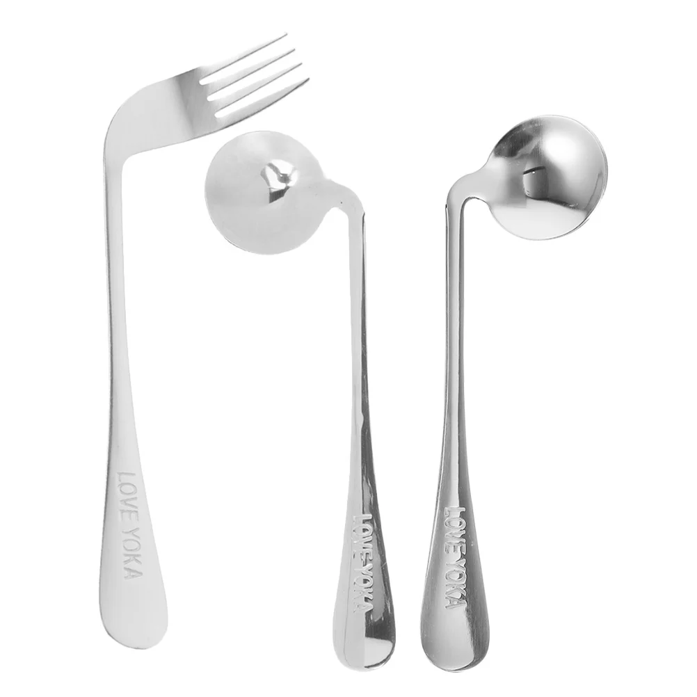 

1Set Stainless Steel Angled Spoon and Fork Set for Old People Comfortable Elbow Handle Curved Feeding Fork for Patients
