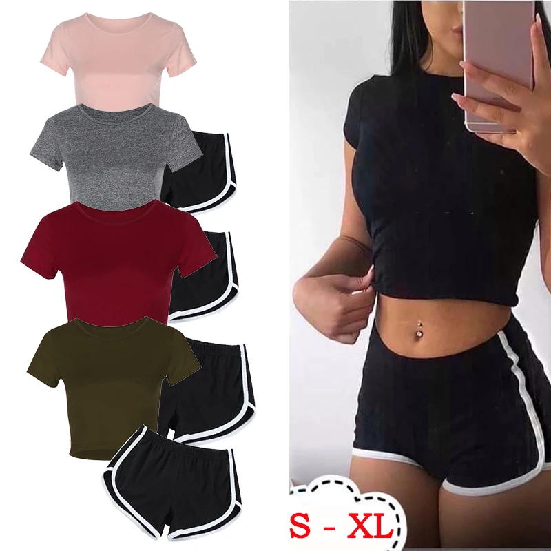 

Women Fashion Print Clothes Crop Short Sleeve T-shirt and Shorts Suit Loose Large Size Summer Sport Clothes Suit