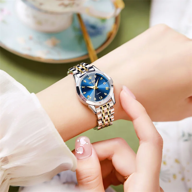 OLEVS, relojes de moda para Mujer, marca superior de lujo, pulsera de acero luminosa con fecha, Reloj de cuarzo resistente al agua para Mujer