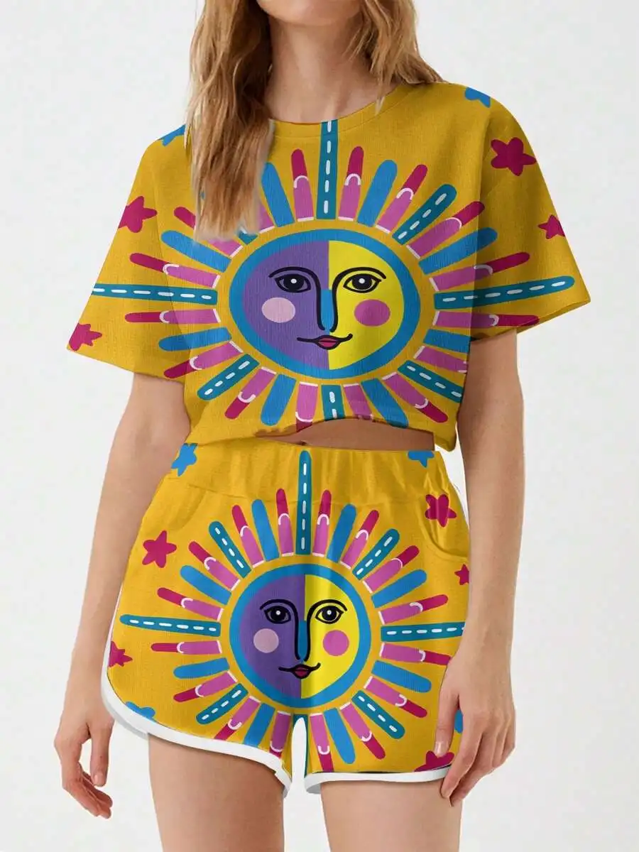 

Womens Cropped Two-Piece Set Sun Face Print Breathable Sportswear Shorts And T-Shirt