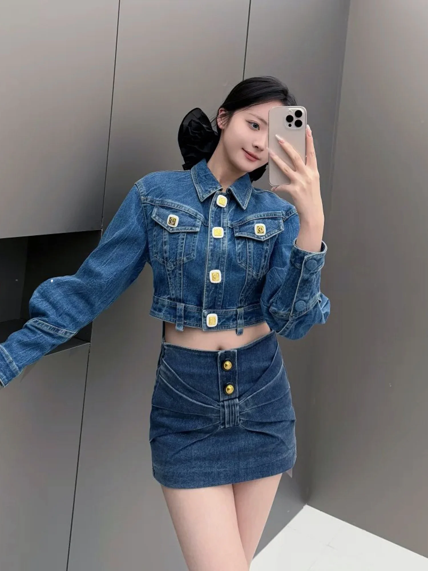 

Модный комплект из джинсовой куртки и юбки в стиле ретро с узлом, элитная женская одежда от Nu Ele, весенний образ