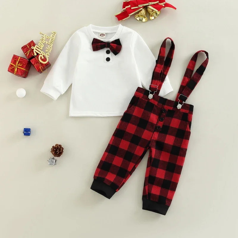 0-18M Boys Baby Party Christmas Clothes Set Long Sleeve Bow-tie Tops Plaid Suspender Pants Toddler Boys Overalls Party Outfits
