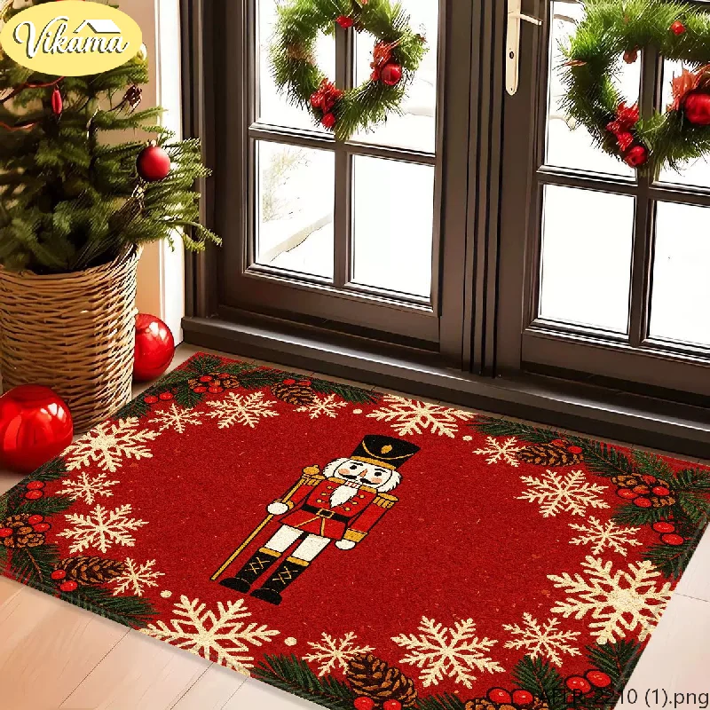 VIKAMA Christmas Nutcracker Soldier Doormat Snowflake Welcome Rug Non Slip Entryway Mat Indoor Outdoor Washable Home Decor