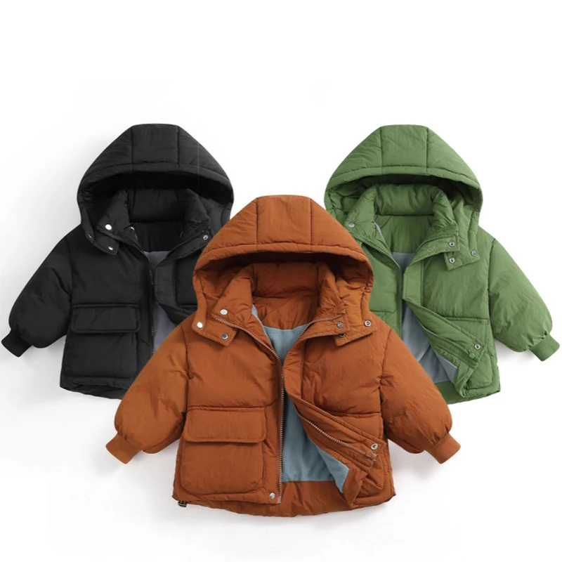 

Baby Boys Girls Down Jacket 2025 Winter Toddler Kids Solid Color Thicken Cotton Padded Thermal Hooded Coat Children Clothes 2-6Y