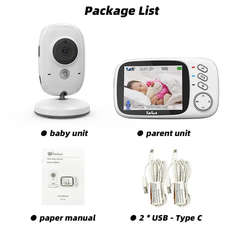 New TakTark 3.2 Inch Wireless Video Baby Monitor With Lullabies Auto Night Vision Two Way Intercom Temperature Monitoring