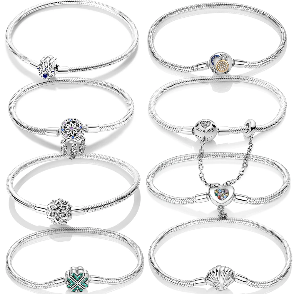 

New 925 Sterling Silver Sparkling Fatima Hamsa Hand Snake Basic Chain Bracelet Fit Original Charm Beads DIY Women Design Jewelry