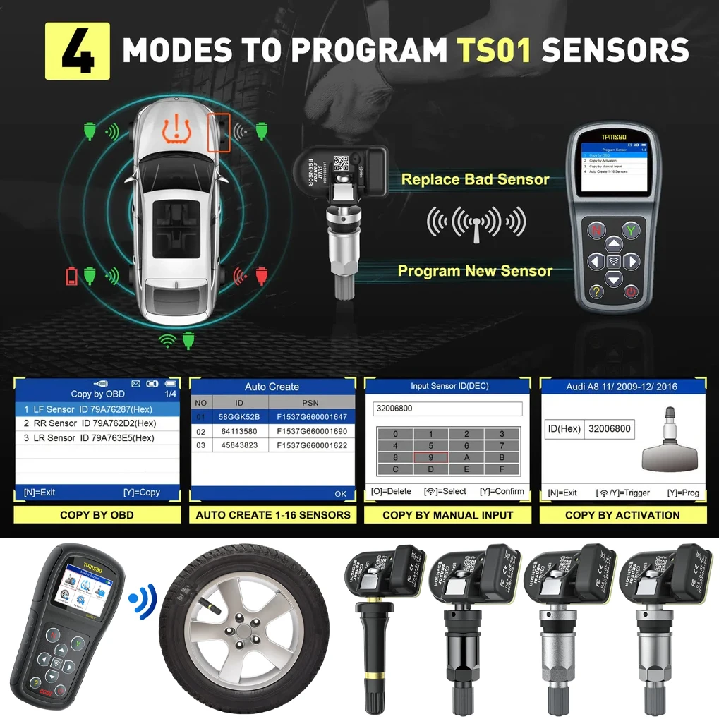 CGSULIT TPMS90 & CGSULIT TS01 العالمي TPMS 315 ميجا هرتز/433 ميجا هرتز الاستشعار سيارة كاشف ضغط الإطارات مبرمج أداة يناسب 98% مركبة