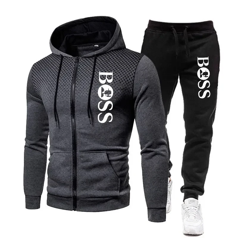 2025 Autumn/Winter Outdoor men's casual sports wear fitness suit zipper hooded jacket + jogging pants two-piece set