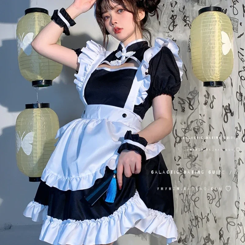 Сантехника аниме-горничной в стиле Лолиты Cheongsam 2025 года, японский Kawaii Everthimng размера плюс, черно-белый наряд горничной на Хэллоуин, школьница