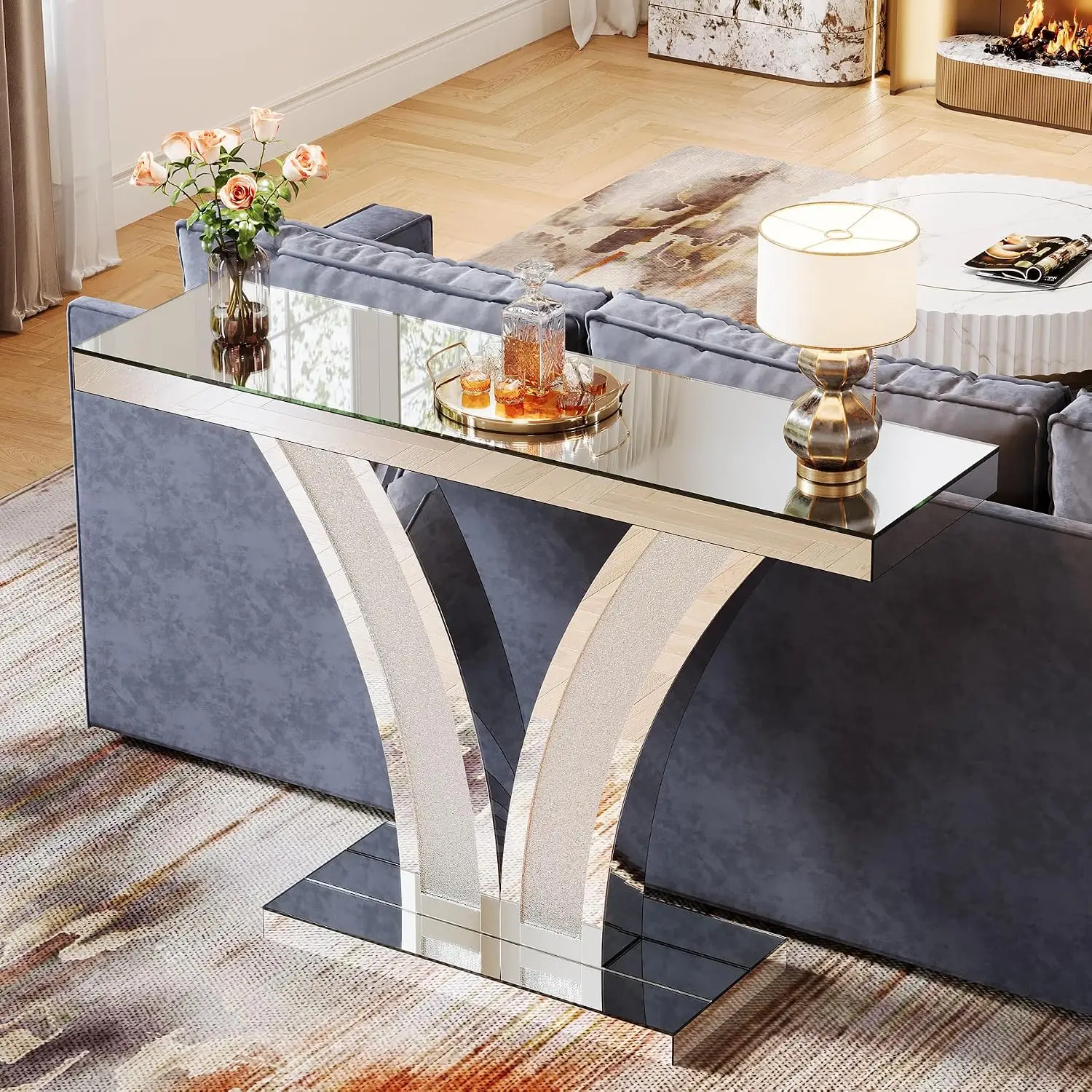 Modern Mirrored Console Table with Crystal Inlay Frames for Entryway Living Room Hallway, Customized