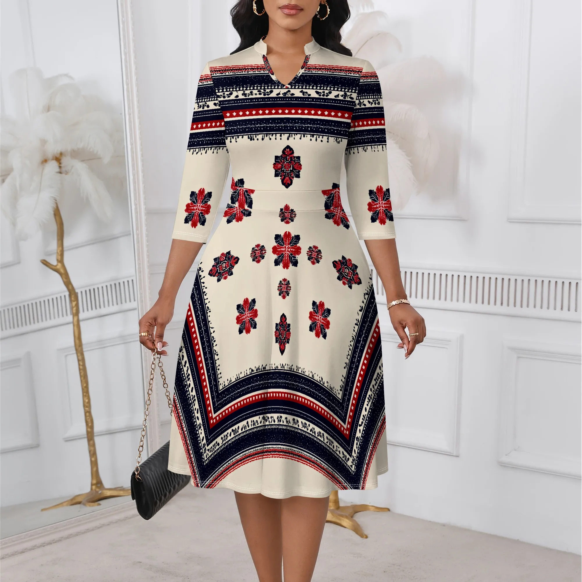 

Folk Floral Print A-Line Dress XS-3XL 3/4 Sleeve Style for Heritage Festival, Thanksgiving Brunch or Patriotic Summer Look