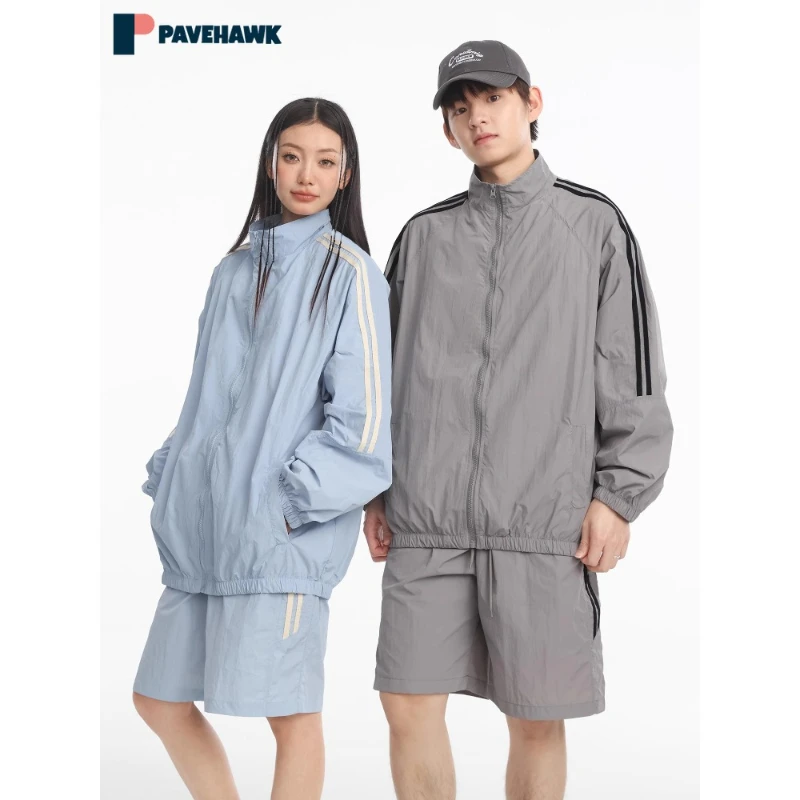 

American Outdoor Sunscreen Clothing Set Men Summer Zipper Stand Collar Coats Shorts Casual 2pcs Sets Quick Drying Couple Suit