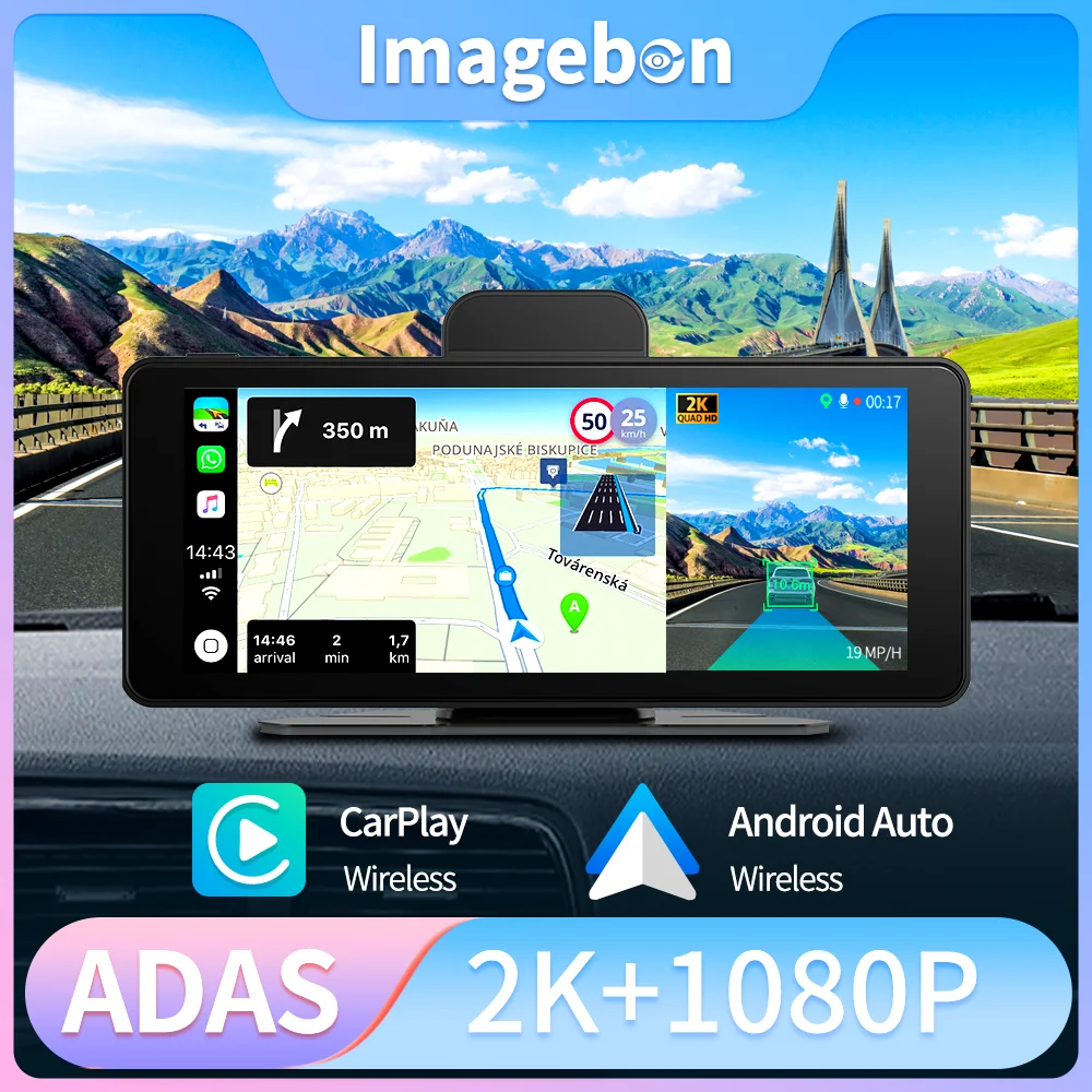 

Imagebon 6.86-дюймовое зеркало заднего вида с ADAS, беспроводным CarPlay, Android Auto, видеорегистратором, AUX, Bluetooth, FM и GPS-навигацией
