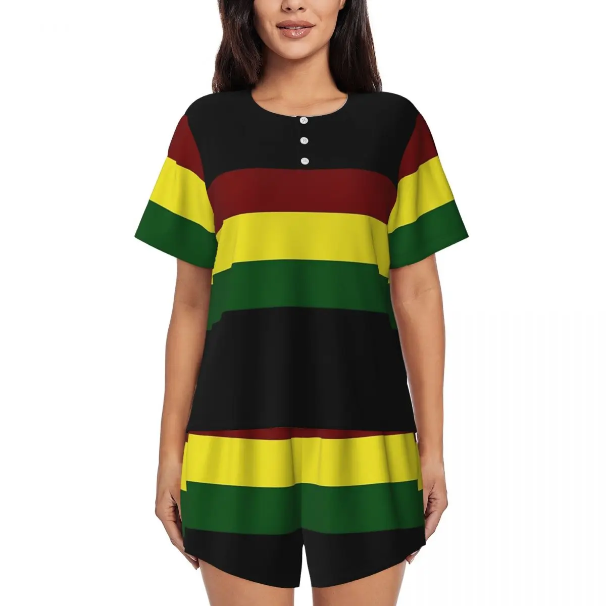 

Rasta Flag Rasta Stripe Round Neck Short Sleeve Nightgowns for Sleeping Sleepshirts Women Soft Pajama Set Short Pants