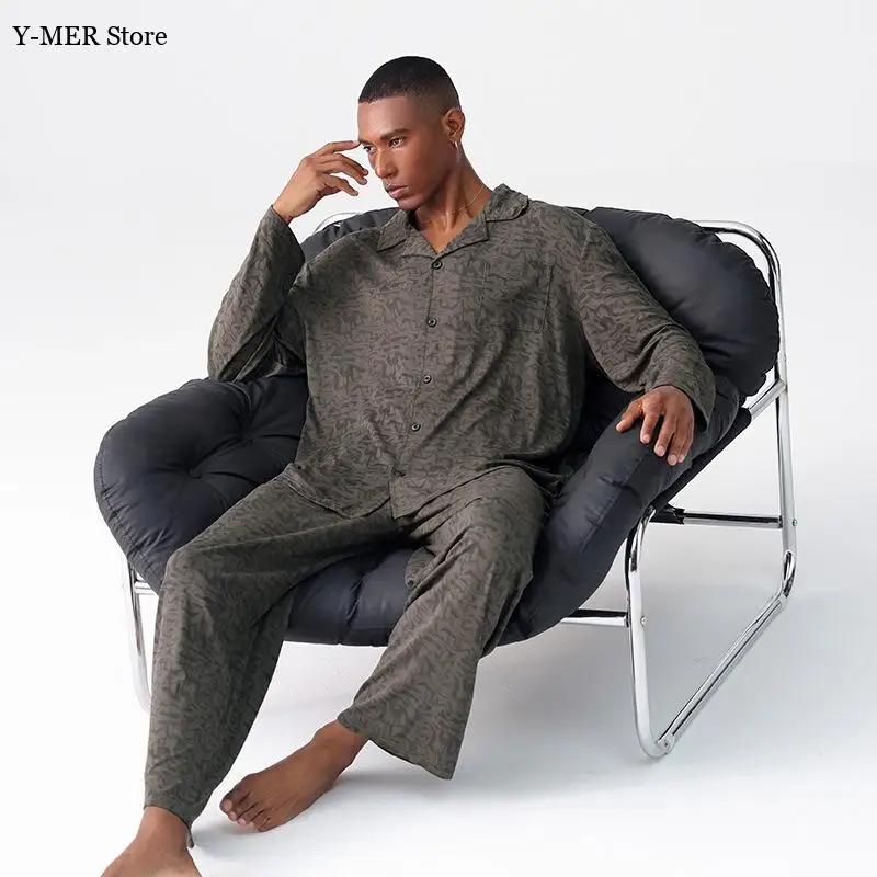 Men Home Clothes Print Sleepwear Soft Cotton Pijamas De Hombre Long Sleeve Lapel Shirt Pants 2Pcs Pajamas Suit Loungewear