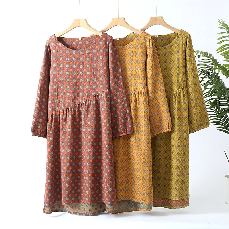 Summer Nightgown Women Sleeping Dress Gauze Cotton Long Sleeve Nightie Floral Print Night Gown Sleepwear One Piece Clothes