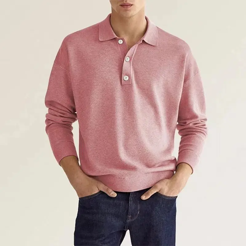 Men\'s Long Sleeve POLO Shirt Solid Color Lapel Button Office Commuter Business Casual Pullover Fashion Sports T-shirt S-3XL