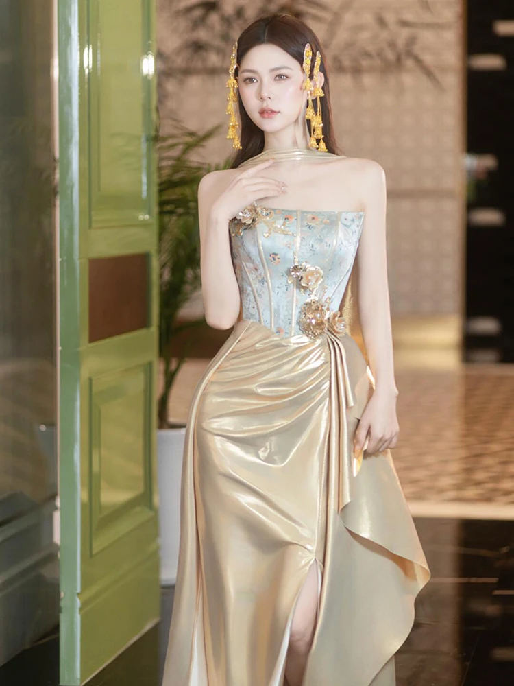 Boda dorada de alta gama Dr nuevo vestido chino de la mañana Sle para mujer novia sin tirantes de lujo pequeño ence compromiso banquete Eve...