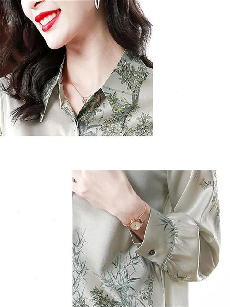 Elegant Women Silk Shirt OL Cardigan Blouse For Women Luxury Blouse Female Clothing Basic Floral Printing Top Female Satin Shirt