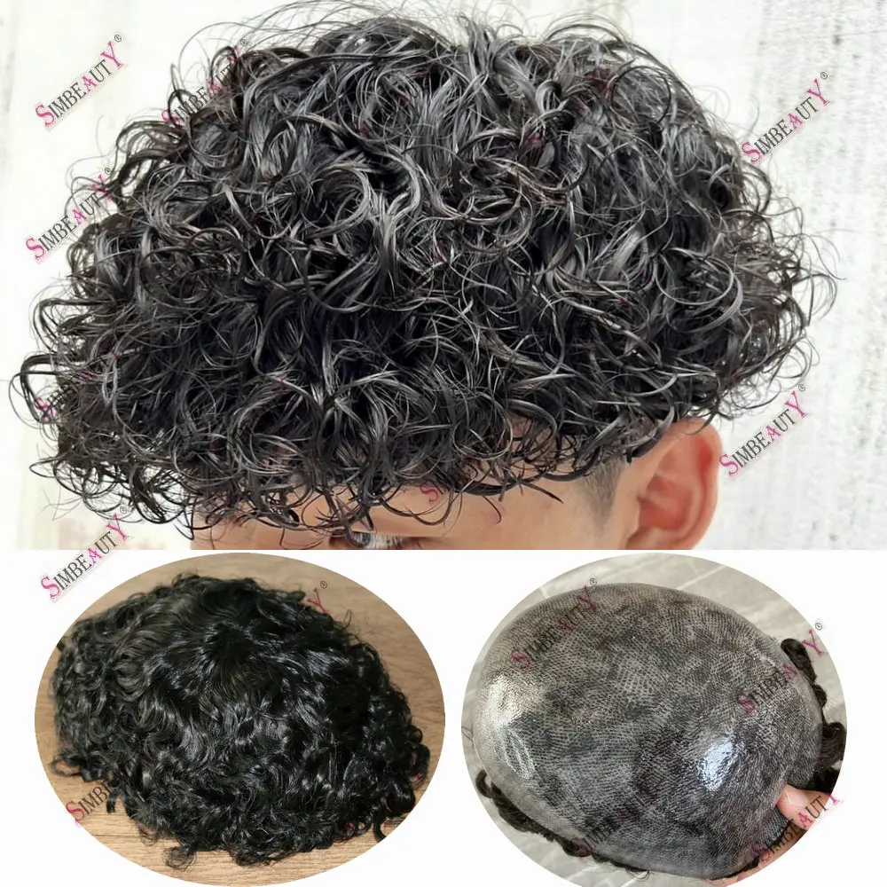 Durable Full Skin PU Male Hair Prosthesis 100% Human Hair Natural Hairline 25mm Curly Men Toupee Wigs Replacement System Unit