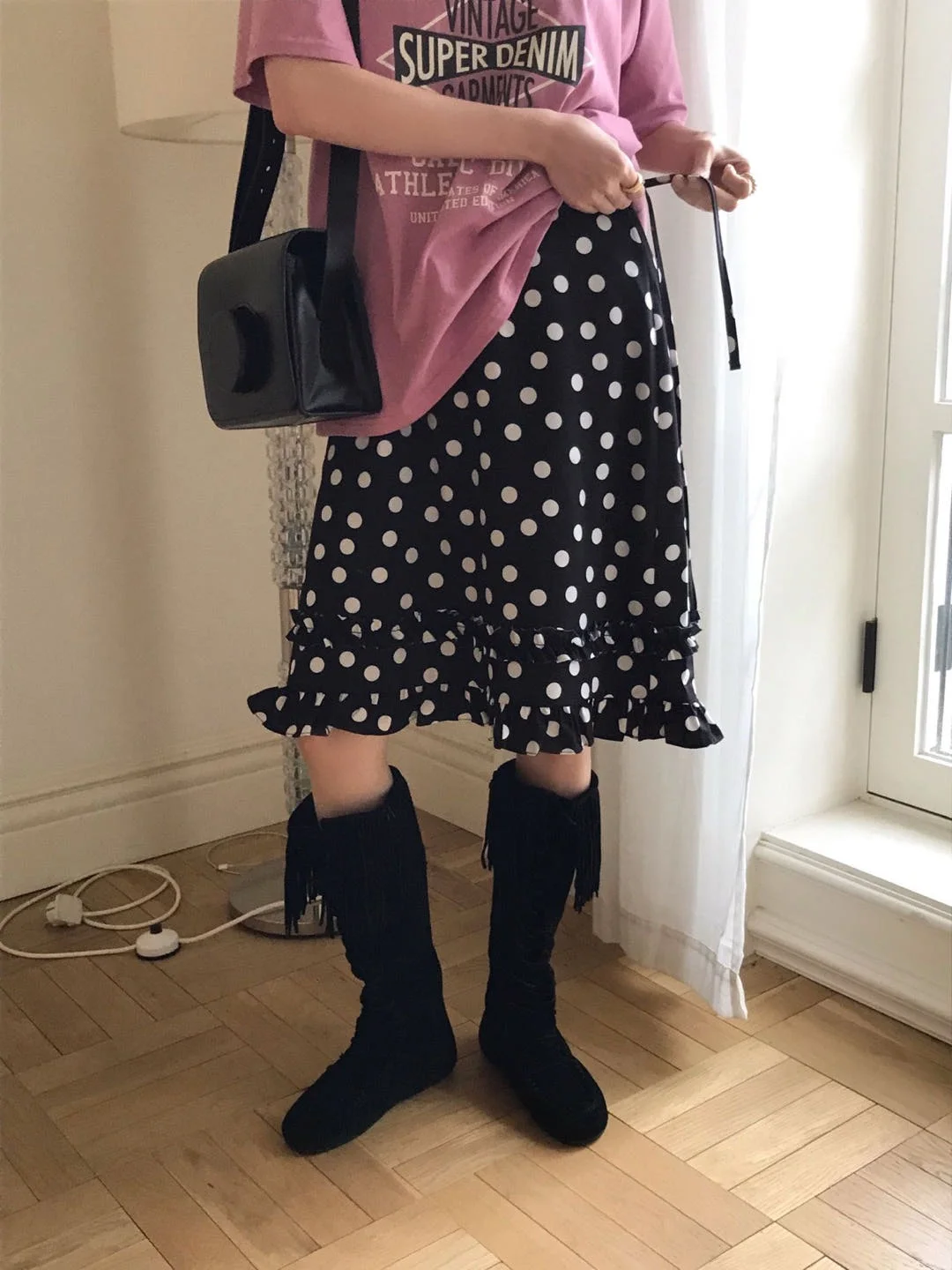 

Юбка А-силуэта в горошек для ранней осени, женская, винтажная, с цветочным принтом, с бантом, универсальная, молодежная, на весну, осень, зиму