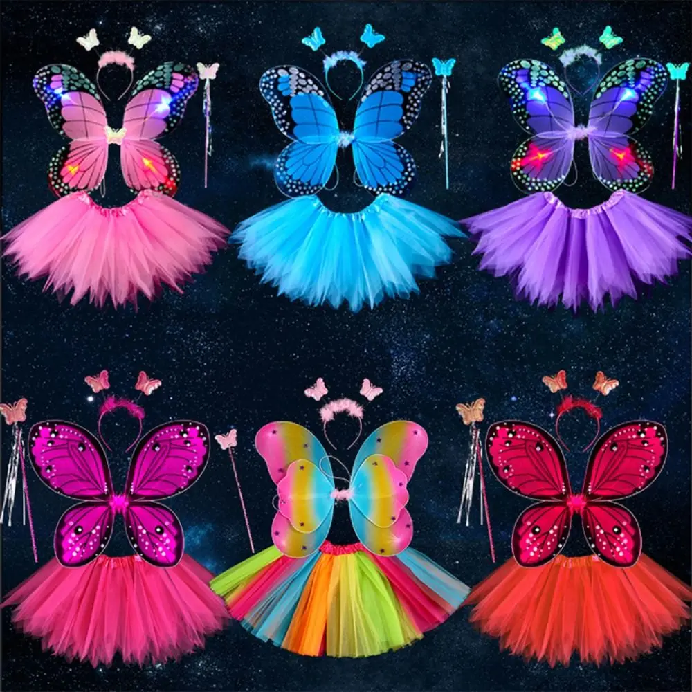 Adult Kids 3/4Pcs Fairy Costume Set Simulation Butterfly Wings Skirt Headband Wand Princess Girls Party Dress Up Halloween Gift