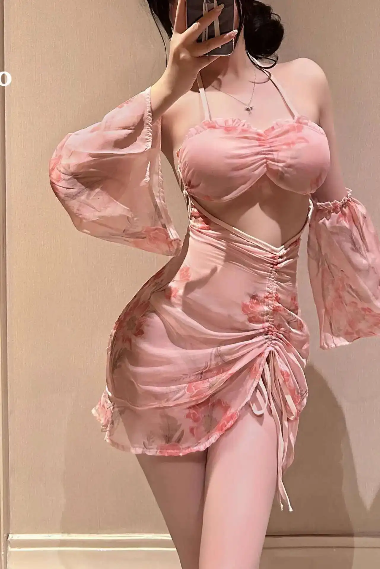 Sweet Flower Printed Sleepwear Dress Pure Desire Casual Style Backless Deep V Hanging Neck Sleeveless Pleated Dress Elegant LK54