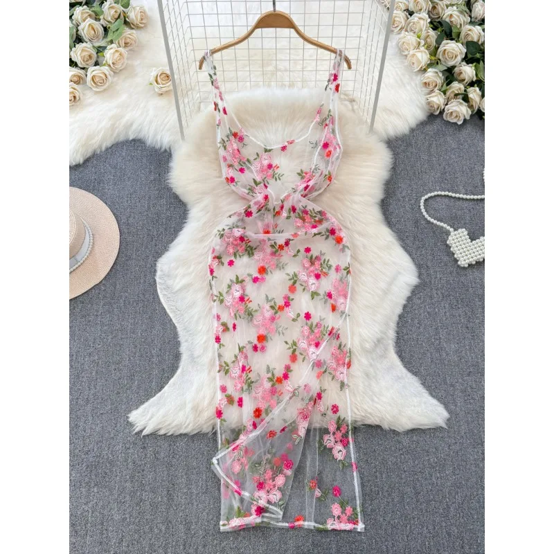 Holiday Vintage Elegant Heavy Industry Embroidered Mesh Dress Women New Summer Waist Slimming Slip Dress Vestidos De Mujer