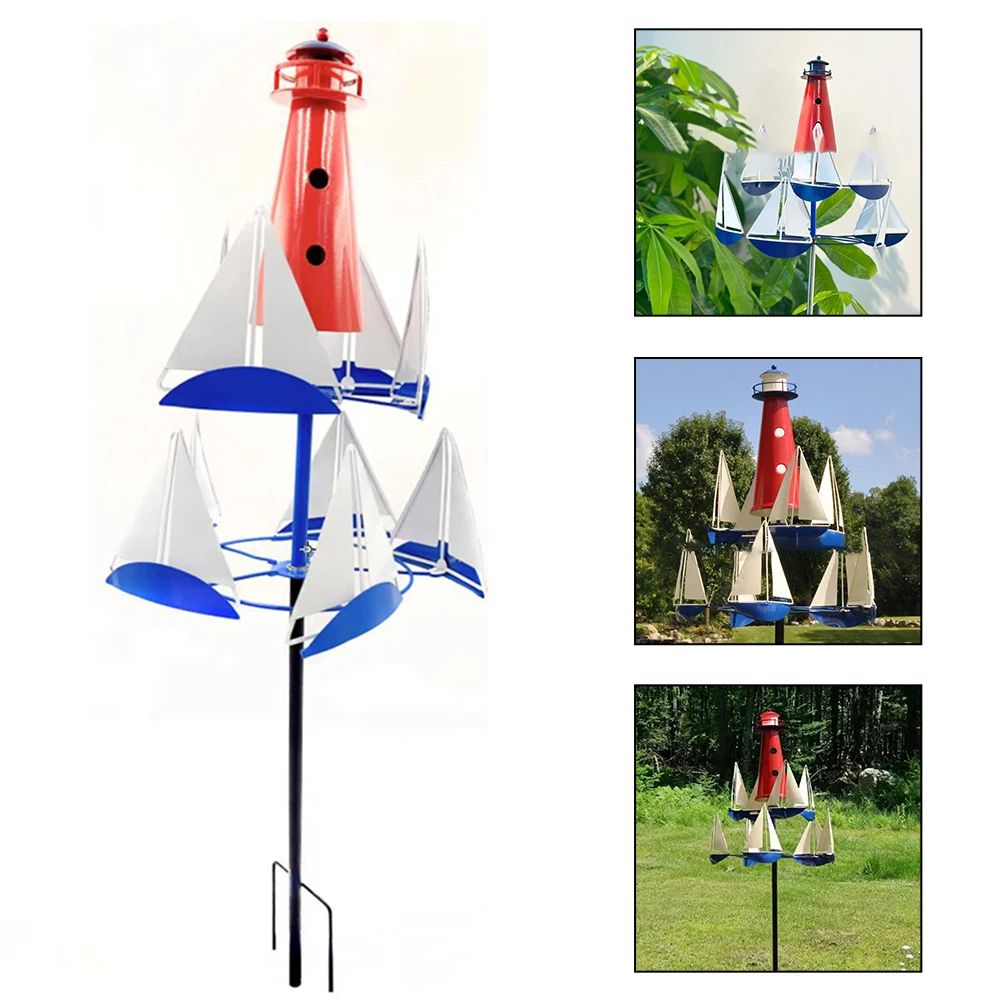 Lighthouse Sailboat Windmills Ornament Sculpture Outdoor Garden Decor Metal Wind Spinners Decoration